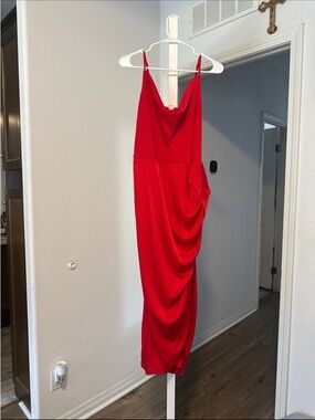 Amazon Red Draped Midi Slip Dress with Thin Straps